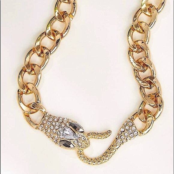 Gold Snake Serpent Cuban Chain Link Zircon Choker Necklace - Picture 3 of 11